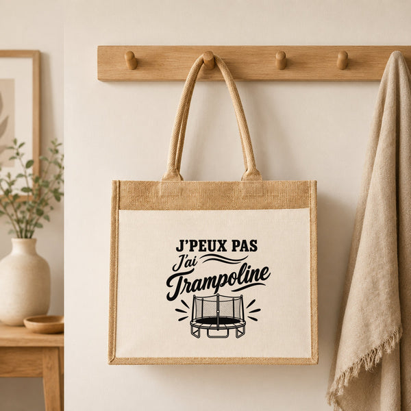 Sac Cabas Jute avec Poche J’peux pas j’ai Trampoline