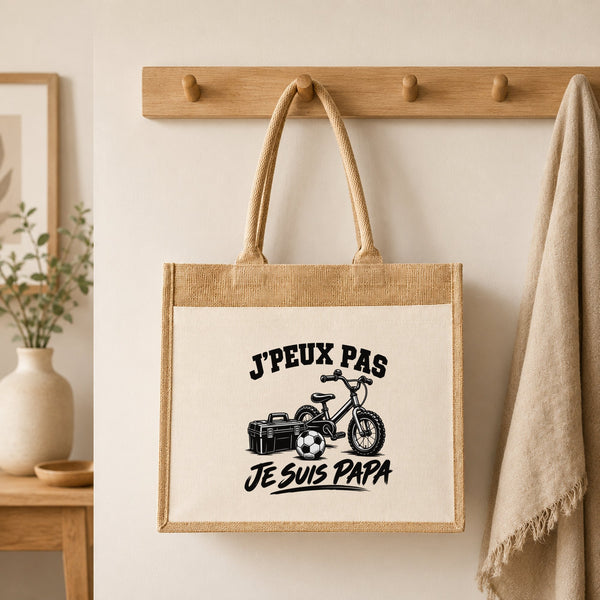 Sac Cabas Jute avec Poche J’peux pas je suis Papa