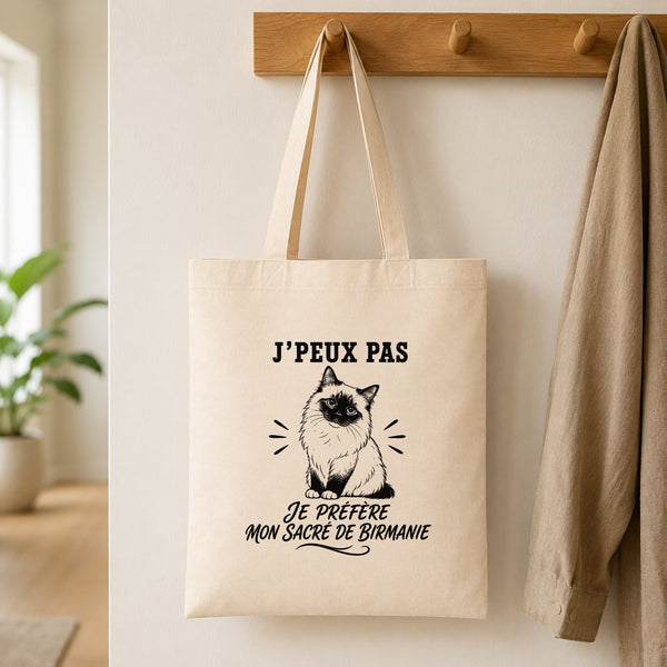 Tote Bag Beige J’peux pas je préfère mon Sacré de Birmanie
