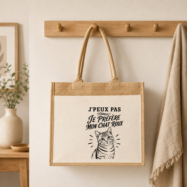Sac Cabas Jute avec Poche J’peux pas je préfère mon Chat roux