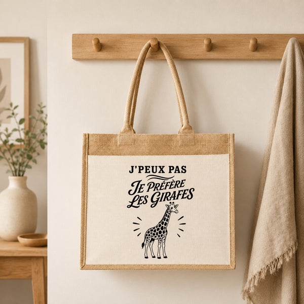 Sac Cabas Jute avec Poche J’peux pas je préfère les Girafes