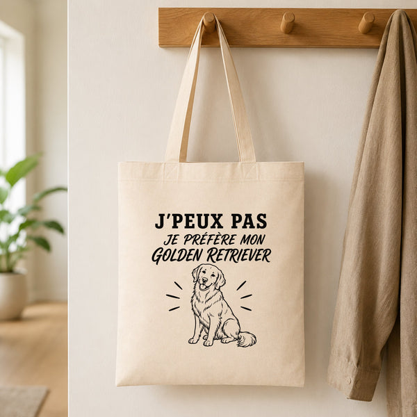 Tote Bag Beige J’peux pas je préfère mon Golden Retriever