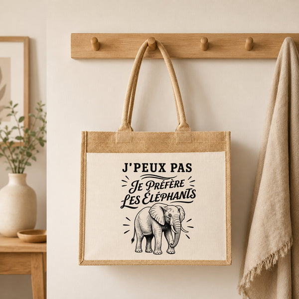 Sac Cabas Jute avec Poche J’peux pas je préfère les Éléphants
