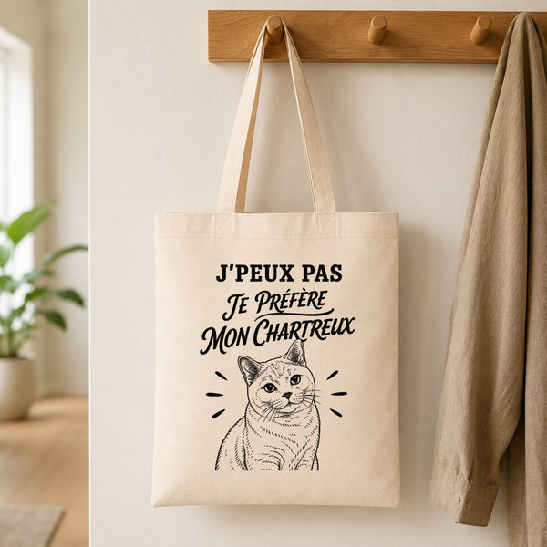Tote Bag Beige J’peux pas je préfère mon Chartreux