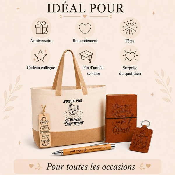 Coffret Cadeau J’peux pas je préfère mon Westie – Sac jute, carnet, stylo, porte-clés et marque-page