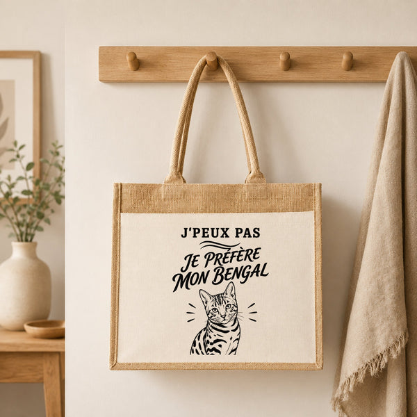 Sac Cabas Jute avec Poche J’peux pas je préfère mon Bengal