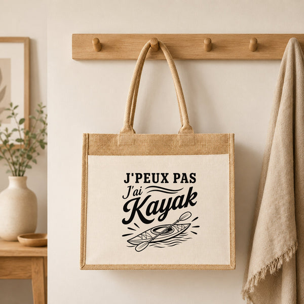 Sac Cabas Jute avec Poche J’peux pas j’ai Kayak