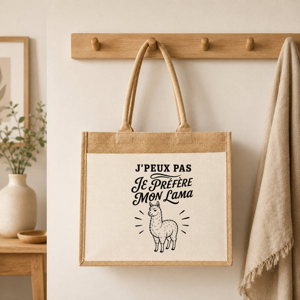 Sac Cabas Jute avec Poche J’peux pas je préfère mon Lama