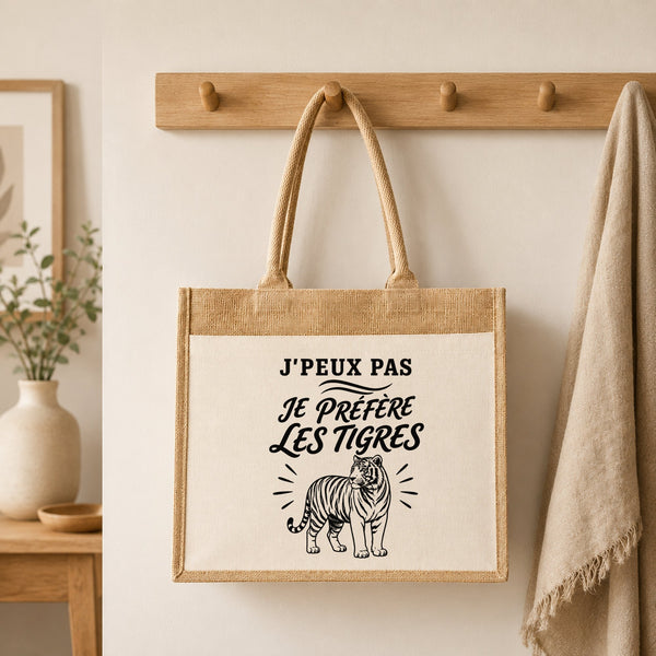 Sac Cabas Jute avec Poche J’peux pas je préfère les Tigres