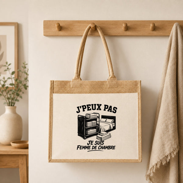Sac Cabas Jute avec Poche J’peux pas je suis Femme de chambre