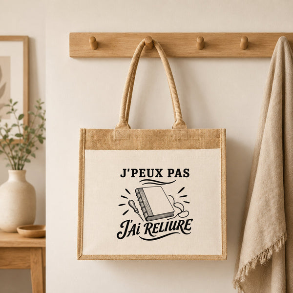 Sac Cabas Jute avec Poche J’peux pas j’ai Reliure