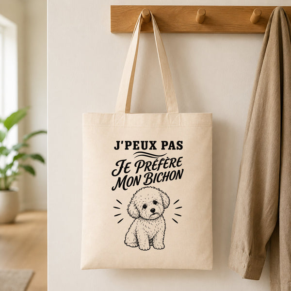 Tote Bag Beige J’peux pas je préfère mon Bichon