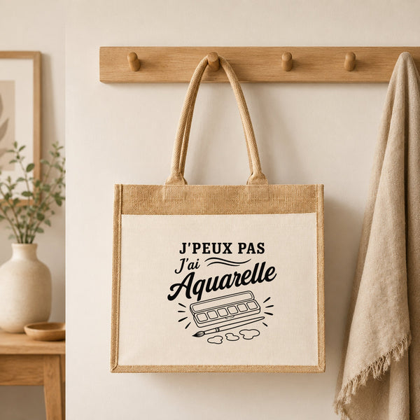 Sac Cabas Jute avec Poche J’peux pas j’ai Aquarelle