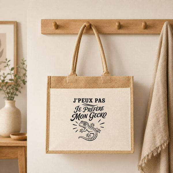 Sac Cabas Jute avec Poche J’peux pas je préfère mon Gecko
