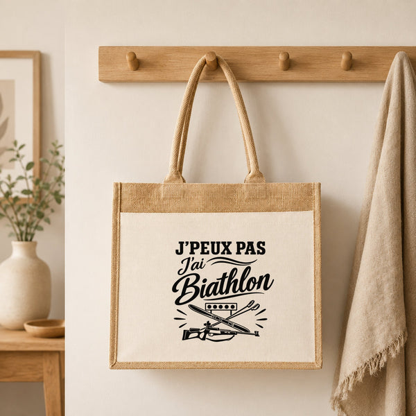 Sac Cabas Jute avec Poche J’peux pas j’ai Biathlon