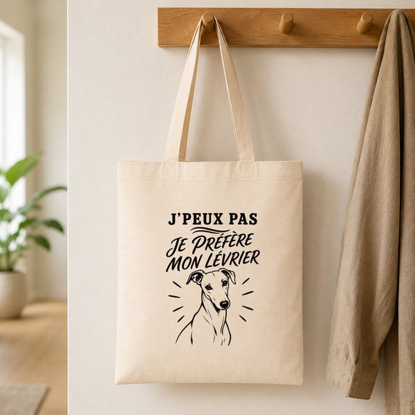 Tote Bag Beige J’peux pas je préfère mon Lévrier