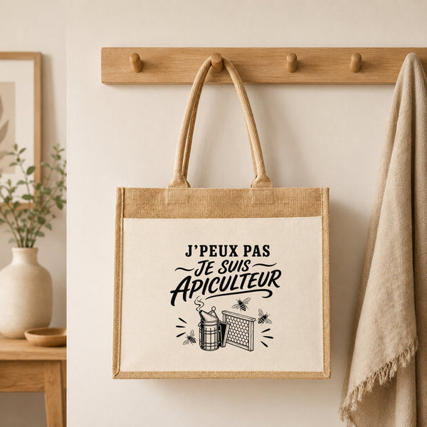 Sac Cabas Jute avec Poche J’peux pas je suis Apiculteur