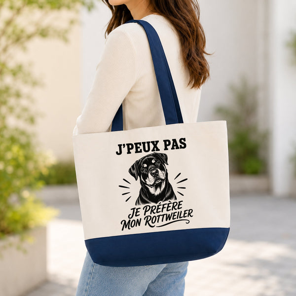 Grand Sac Cabas Fond Bleu J’peux pas je préfère mon Rottweiler