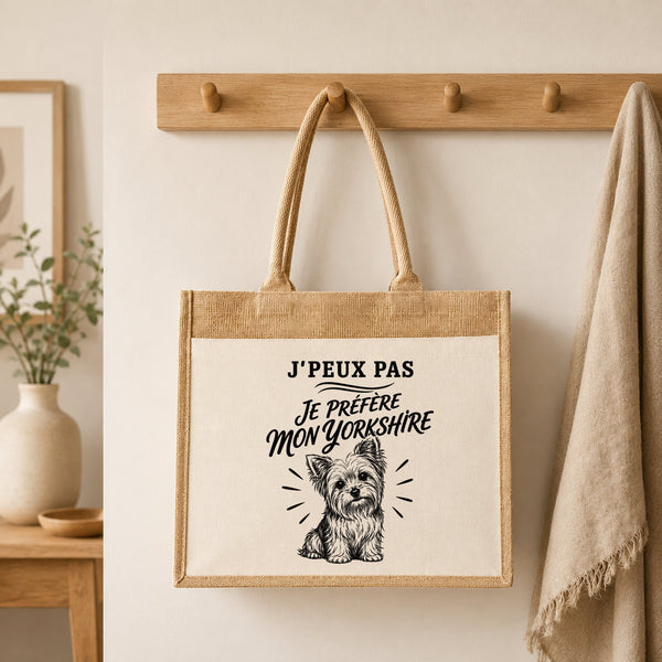 Sac Cabas Jute avec Poche J’peux pas je préfère mon Yorkshire