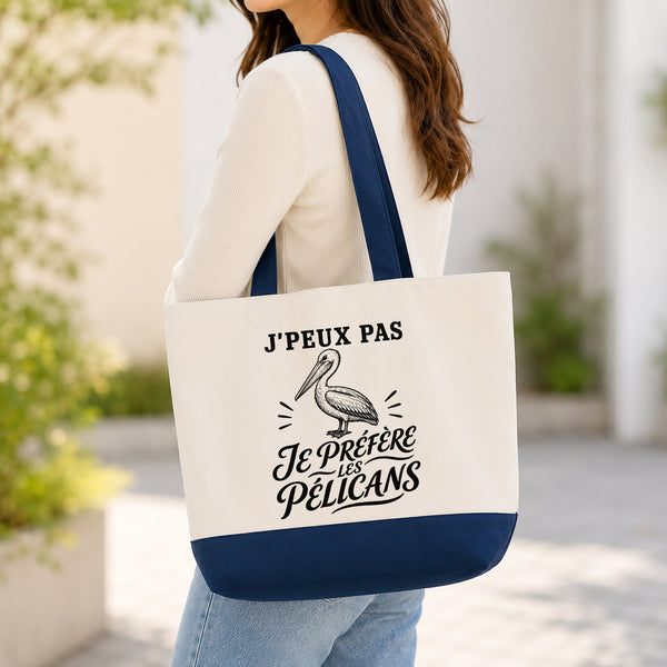 Grand Sac Cabas Fond Bleu J’peux pas je préfère les Pélicans