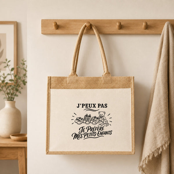 Sac Cabas Jute avec Poche J’peux pas je préfère mes Petits-enfants