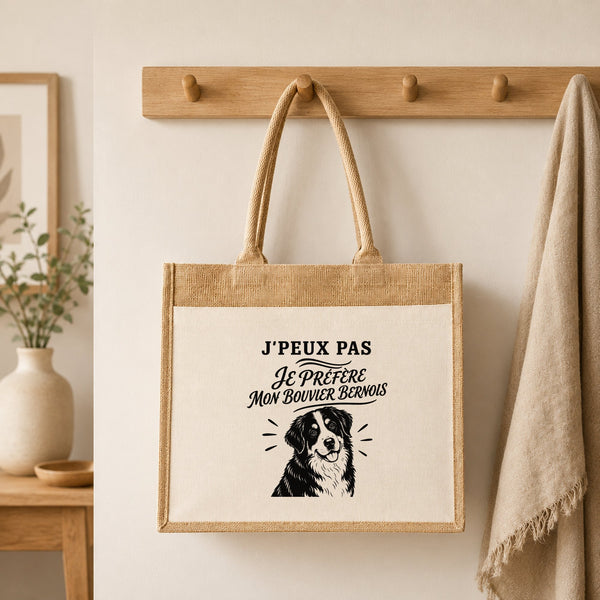 Sac Cabas Jute avec Poche J’peux pas je préfère mon Bouvier Bernois