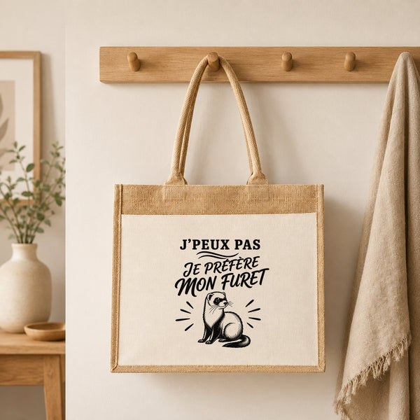 Sac Cabas Jute avec Poche J’peux pas je préfère mon Furet