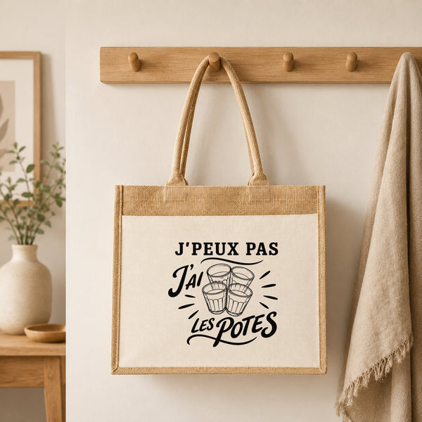 Sac Cabas Jute avec Poche J’peux pas j’ai les Potes