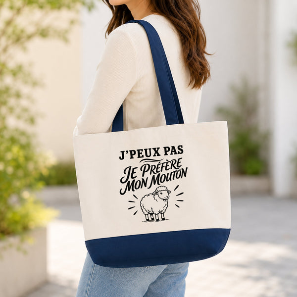 Grand Sac Cabas Fond Bleu J’peux pas je préfère mon Mouton