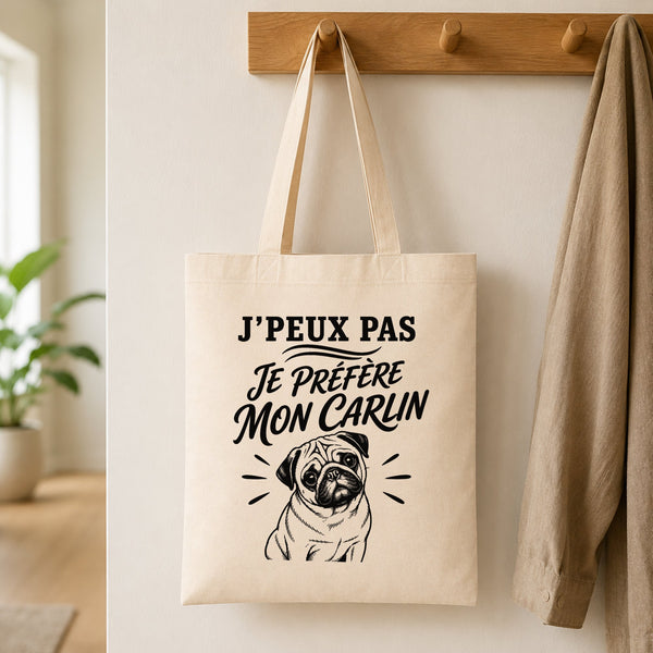Tote Bag Beige J’peux pas je préfère mon Carlin