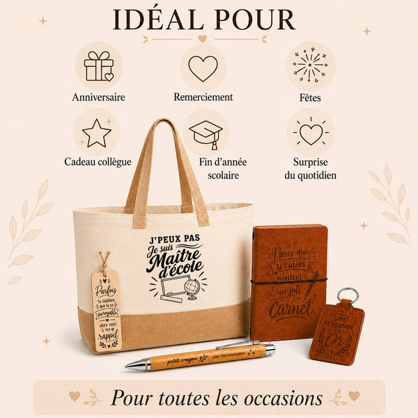 Coffret Cadeau J’peux pas je suis Maître d’école – Sac jute, carnet, stylo, porte-clés et marque-page