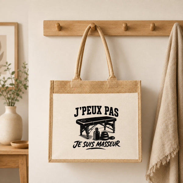 Sac Cabas Jute avec Poche J’peux pas je suis Masseur