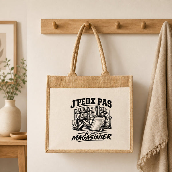 Sac Cabas Jute avec Poche J’peux pas je suis Magasinier
