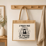 Sac Cabas Jute avec Poche J’peux pas je préfère les Chats