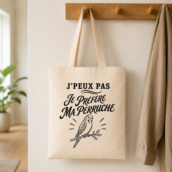 Tote Bag Beige J’peux pas je préfère ma Perruche