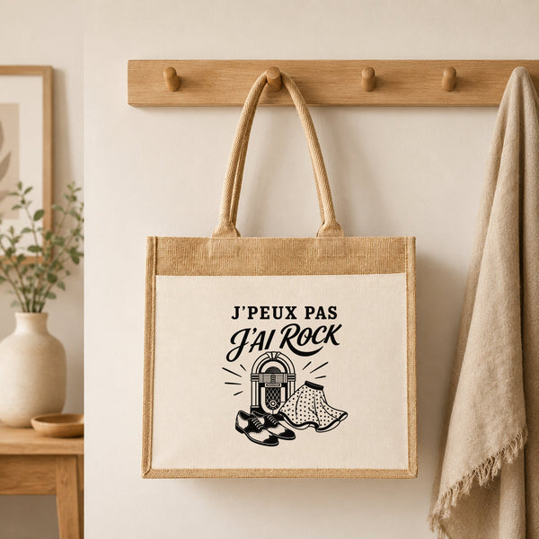 Sac Cabas Jute avec Poche J’peux pas j’ai Rock