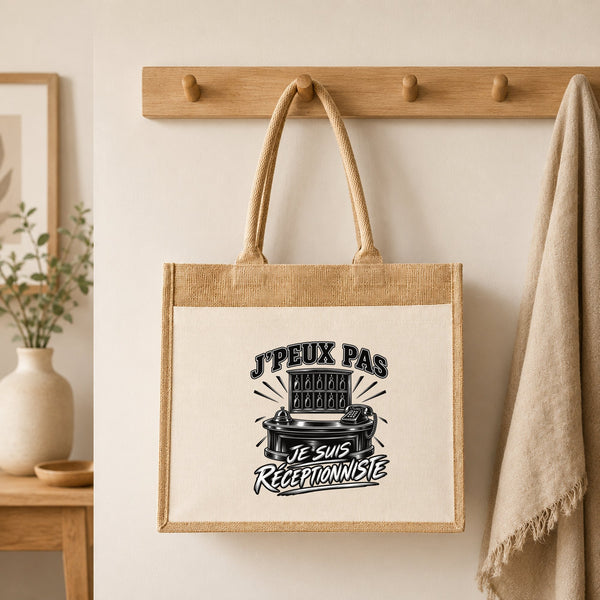Sac Cabas Jute avec Poche J’peux pas je suis Réceptionniste