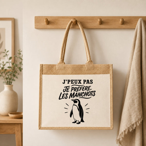 Sac Cabas Jute avec Poche J’peux pas je préfère les Manchots