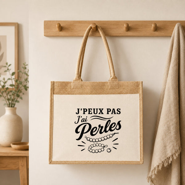 Sac Cabas Jute avec Poche J’peux pas j’ai Perles