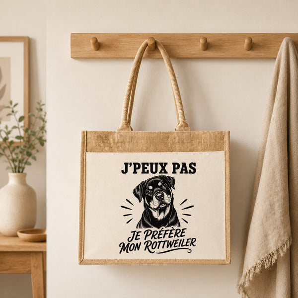 Sac Cabas Jute avec Poche J’peux pas je préfère mon Rottweiler
