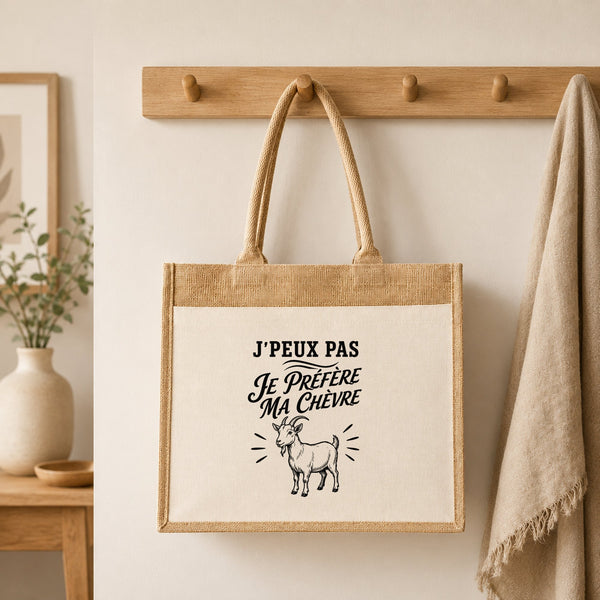Sac Cabas Jute avec Poche J’peux pas je préfère ma Chèvre