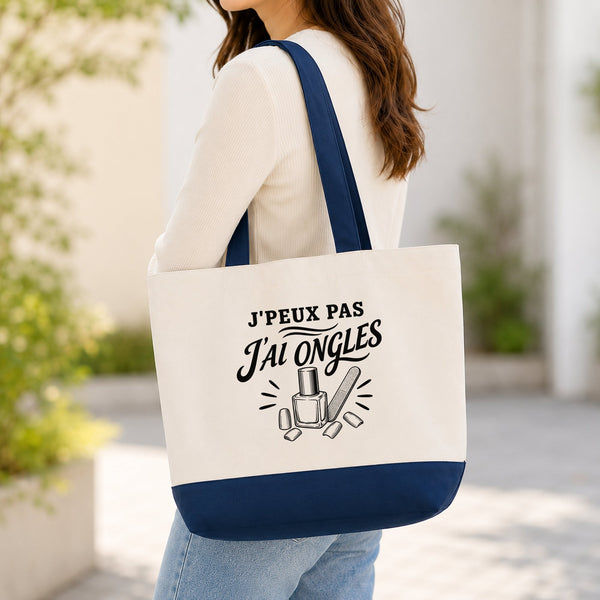Grand Sac Cabas Fond Bleu J’peux pas j’ai Ongles