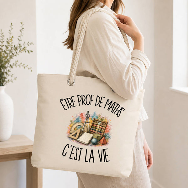 Grand Sac Cabas Beige Être prof de maths c'est la vie