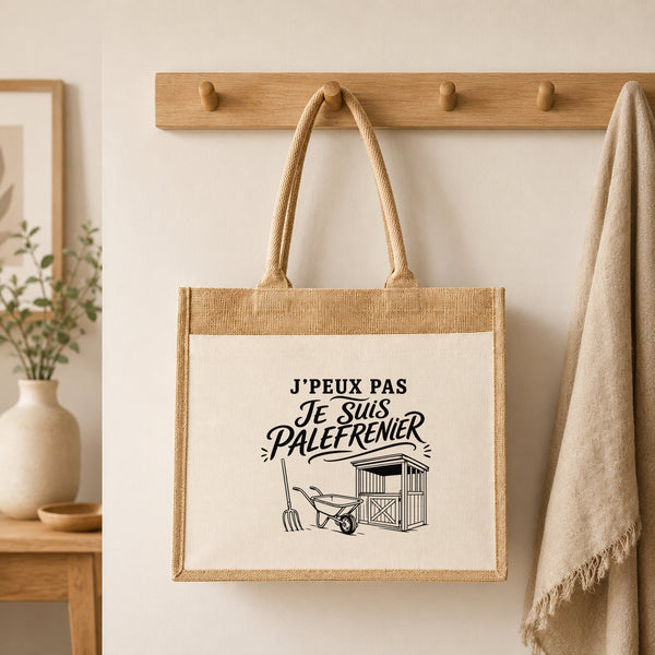 Sac Cabas Jute avec Poche J’peux pas je suis Palefrenier