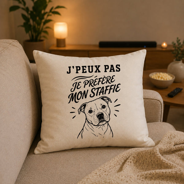 Housse de Coussin J’peux pas je préfère mon Staffie