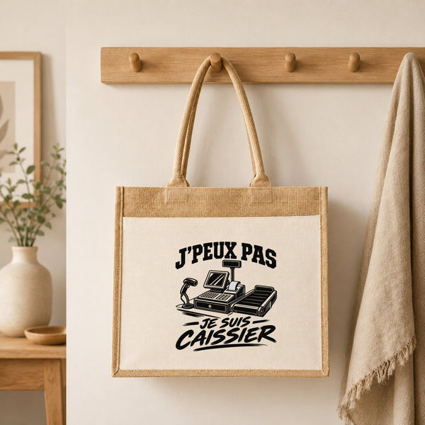 Sac Cabas Jute avec Poche J’peux pas je suis Caissier
