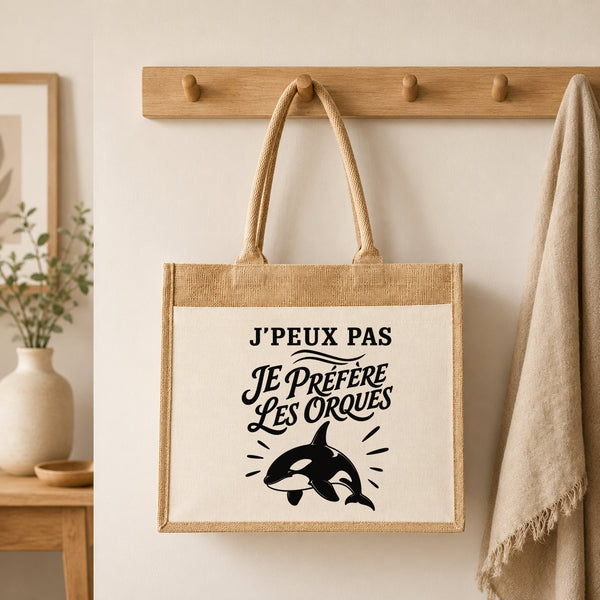 Sac Cabas Jute avec Poche J’peux pas je préfère les Orques