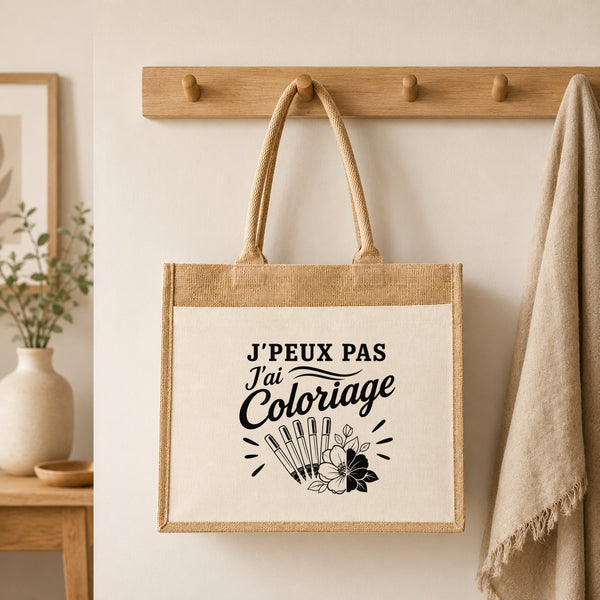 Sac Cabas Jute avec Poche J’peux pas j’ai Coloriage
