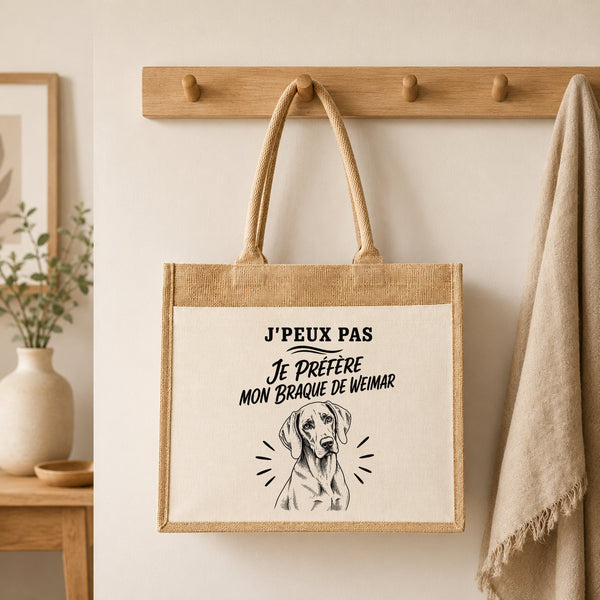 Sac Cabas Jute avec Poche J’peux pas je préfère mon Braque de Weimar