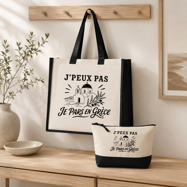 Ensemble Cabas et Trousse J’peux pas je pars en Grèce